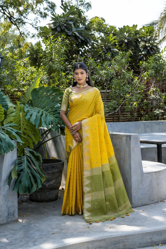 Yellow Semi Tussar Silk Saree with Bandhani Butti Weaves