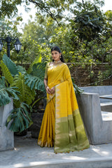 Yellow Semi Tussar Silk Saree with Bandhani Butti Weaves