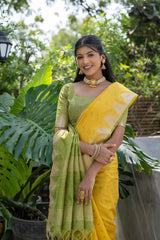 Yellow Semi Tussar Silk Saree with Bandhani Butti Weaves