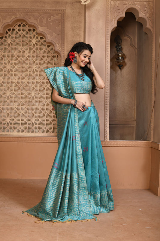 Firozi Color Bangalore Handloom Raw Silk Saree