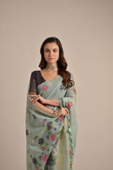 Firozi Soft Muga Cotton Saree with Blouse