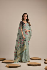 Firozi Soft Muga Cotton Saree with Blouse