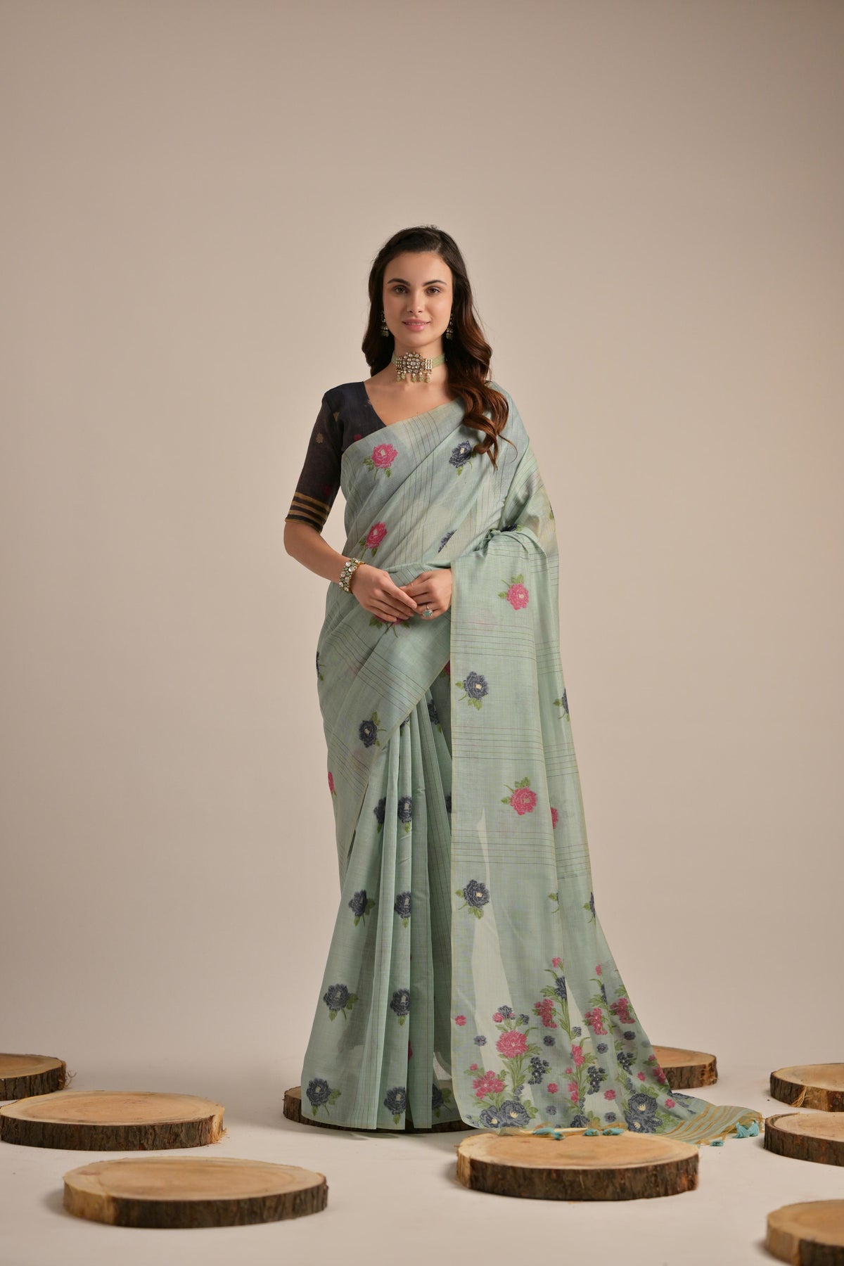 Firozi Soft Muga Cotton Saree with Blouse