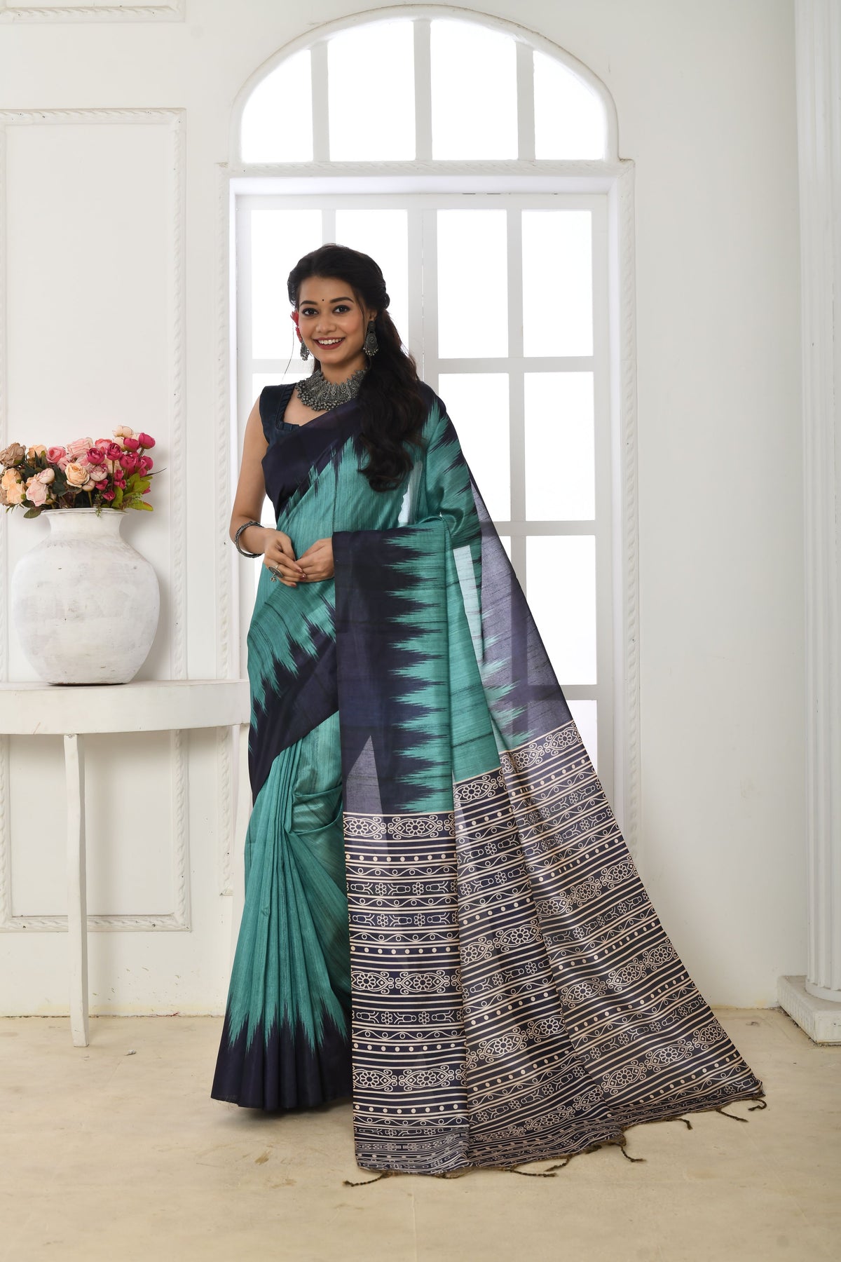 Firoz Soft Tussar Silk Saree with Temple Border Print