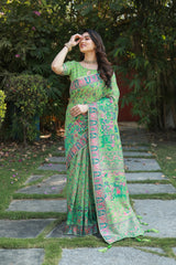 Green Pashmina Cotton Saree For Weddings