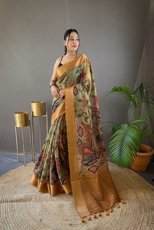 Pure Gold Tussar Silk Saree with Handpainted Kalamkari Print, Contrast Zari Weaving Border, Zari Woven Pallu, and Coordinated Contrast Printed Blouse.