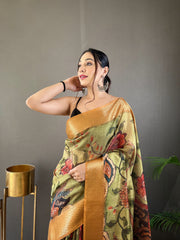 Pure Gold Tussar Silk Saree with Handpainted Kalamkari Print, Contrast Zari Weaving Border, Zari Woven Pallu, and Coordinated Contrast Printed Blouse.