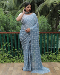 Elegant Gray Moss Chiffon Saree with Foil Print – Perfect for Festivals and Weddings | Imported Silk Blouse Included.