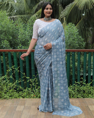 Elegant Gray Moss Chiffon Saree with Foil Print – Perfect for Festivals and Weddings | Imported Silk Blouse Included.