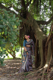 Gray Soft Tussar Silk Saree with Beautiful Peacock Prints