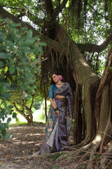 Gray Soft Tussar Silk Saree with Beautiful Peacock Prints