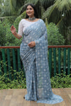 Elegant Gray Moss Chiffon Saree with Foil Print – Perfect for Festivals and Weddings | Imported Silk Blouse Included.