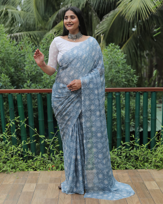 Elegant Gray Moss Chiffon Saree with Foil Print – Perfect for Festivals and Weddings | Imported Silk Blouse Included.