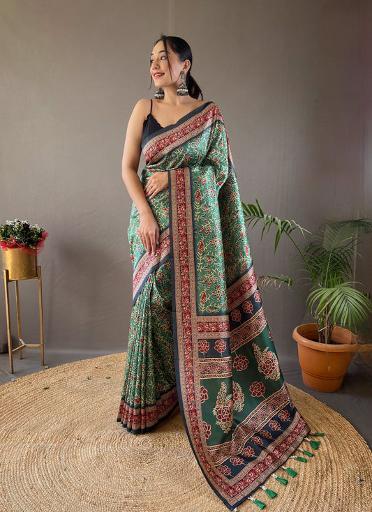 Green Digital Print Semi Silk Saree with Soft Weaves