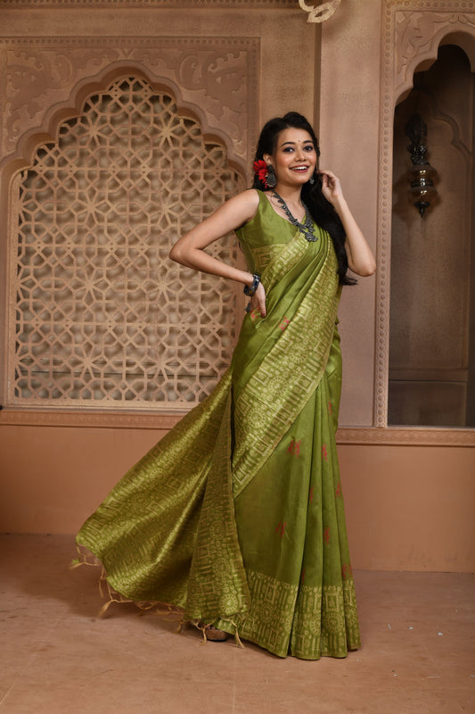 Green Color Bangalore Handloom Raw Silk Saree