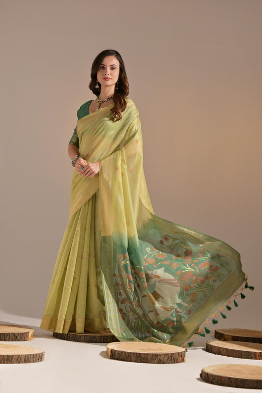 Green Muga Cotton Saree With Contrast Blouse