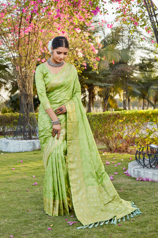 Green Pure Kanjivaram Soft Satin Silk Saree With Satin Blouse