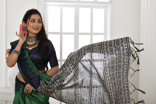 Green Soft Tussar Silk Saree with Temple Border Print