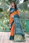 Premium Green Pure Bandhej Silk Saree with Zari Weaving, Rich Tissue Pallu & Unstitched Blouse Piece.