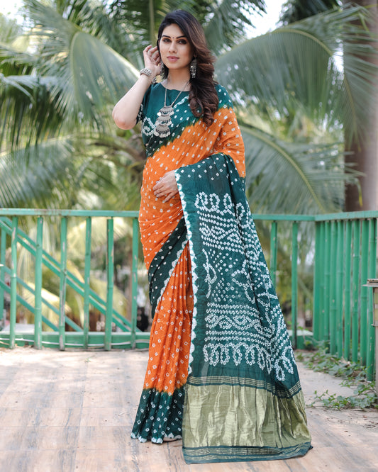 Green Pure Bandhej Silk Saree With Tissue Pallu