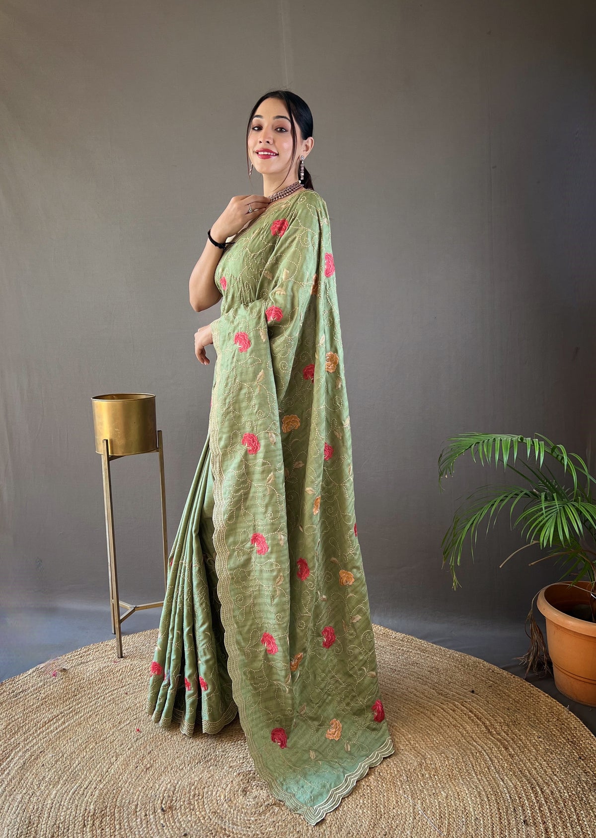 Green Tussar Silk Saree with Embroidery Design