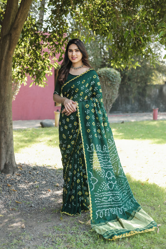 Green Bandhej Silk Saree with Zari Weaving