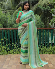 Green Chiffon Silk With Gold Foil Print Light Weight Saree For Weddings