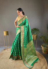 Green Rosy Soft Silk Saree with Beautiful Border, Rich Pallu & Full Brocade | Unstitched Blouse Included.