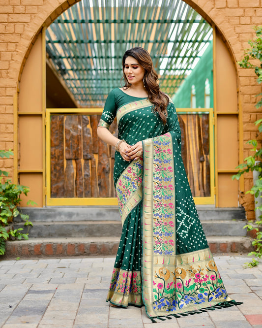 Green Bandhej Paithani Silk Saree Matching Blouse