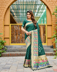 Premium Green Bandhej Paithani Silk Saree – High Quality, Stylish Design with Zari Weaving, Paithani Border, Rich Pallu, and Matching Blouse.