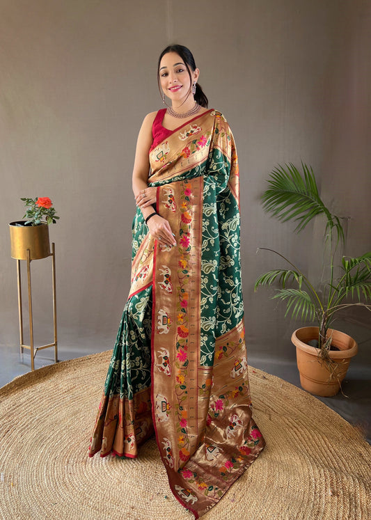 Beautiful Green Lucknowi Weaving Saree with Paithani and Patola Fusion - Rich Meenakari Pallu, Elegant Border, Natural Concept with Golden Zari Blend, and Contrast Blouse.