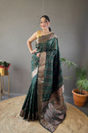 Elegantly Green Color  Woven Silk Saree with Silver, Copper, and Antique Detailing: Jacquard Border and All-Over Zari Lining with Unstitched Blouse Piece.