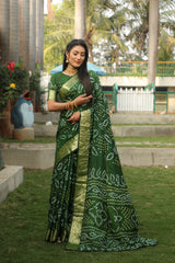 Premium Green Handmade Bandhej Silk Saree – High-Quality, Stylish with Jari Weaving Border, Bandhej Rich Pallu & Matching Blouse.