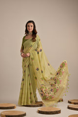 Green Soft Muga Cotton Saree with Blouse