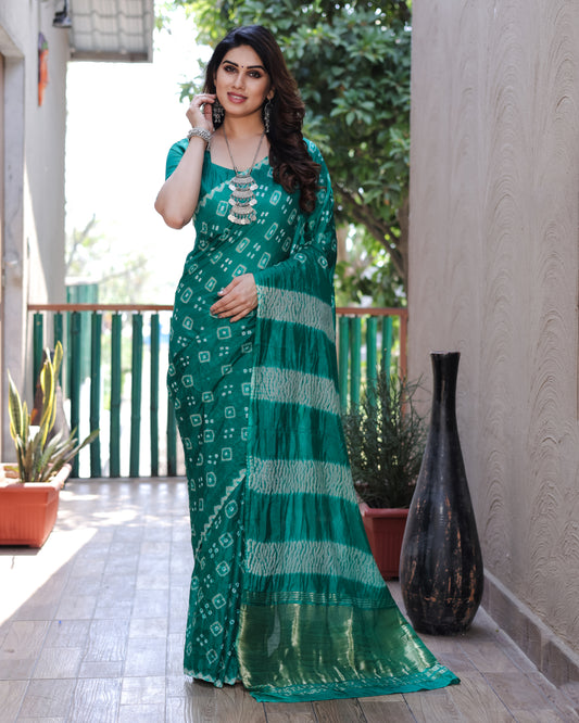 Green Bandhej Silk Saree with Tissue Pallu and Sibory Design