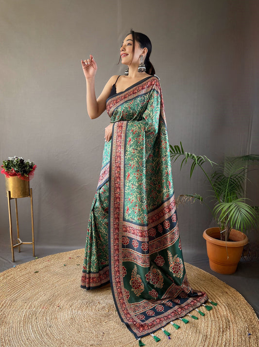 Green Digital Print Semi Silk Saree with Soft Weaves