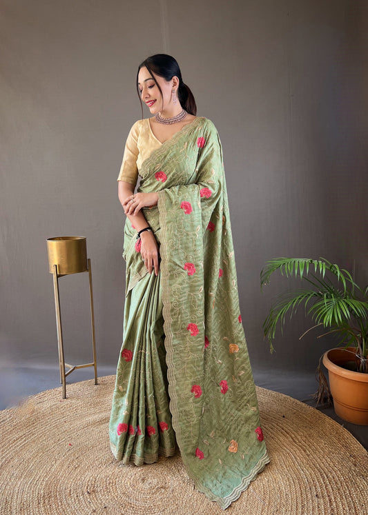 Green Tussar Silk Saree with Embroidery Design