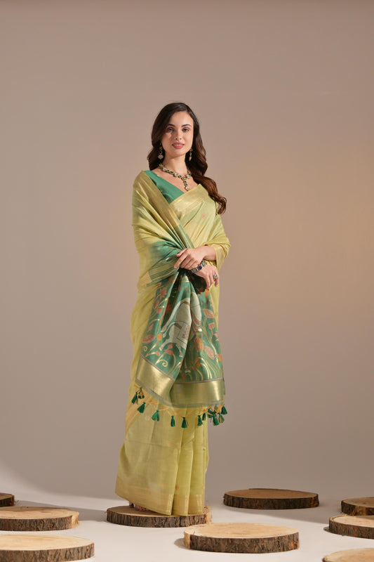 Green Muga Cotton Saree With Contrast Blouse