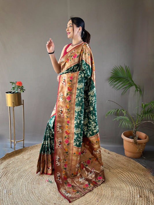 Green Lucknowi Weaving Saree with Paithani and Patola Fusion