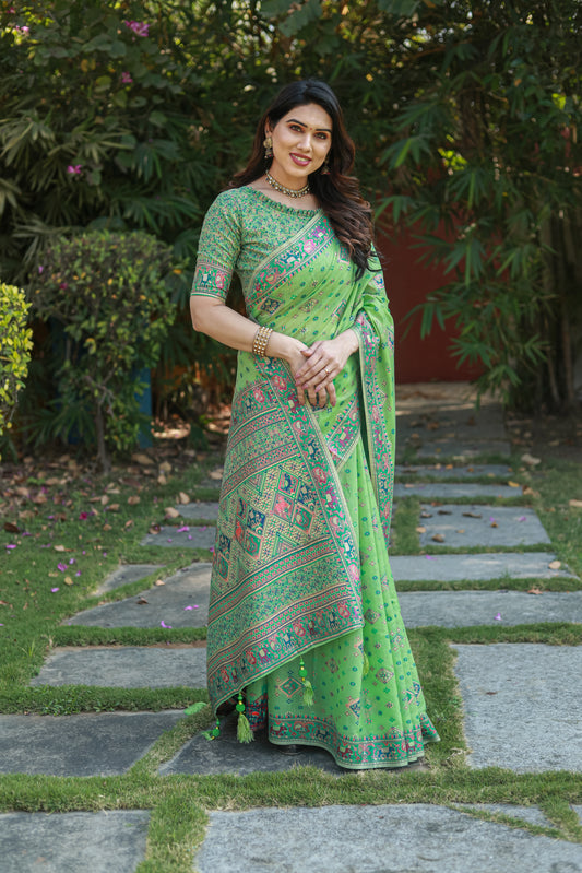 Green Pashmina Cotton Saree For Weddings