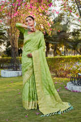 Green Pure Kanjivaram Soft Satin Silk Saree With Satin Blouse