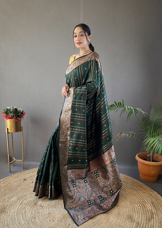 Elegantly Green Color  Woven Silk Saree with Silver, Copper, and Antique Detailing: Jacquard Border and All-Over Zari Lining with Unstitched Blouse Piece.