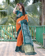 Premium Green Pure Bandhej Silk Saree with Zari Weaving, Rich Tissue Pallu & Unstitched Blouse Piece.