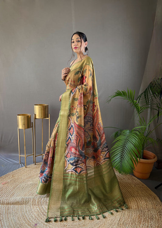 Pure Green Tussar Silk Saree with Handpainted Kalamkari Print, Contrast Zari Weaving Border, Zari Woven Pallu, and Coordinated Contrast Printed Blouse.