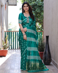 Green Bandhej Silk Saree with Tissue Pallu and Sibory Design