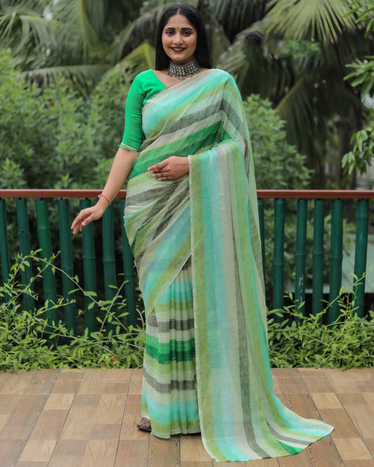 Green Chiffon Silk With Gold Foil Print Light Weight Saree For Weddings