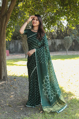 Green Bandhej Silk Saree With Bandhej Border