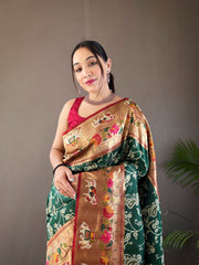 Beautiful Green Lucknowi Weaving Saree with Paithani and Patola Fusion - Rich Meenakari Pallu, Elegant Border, Natural Concept with Golden Zari Blend, and Contrast Blouse.