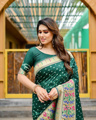 Premium Green Bandhej Paithani Silk Saree – High Quality, Stylish Design with Zari Weaving, Paithani Border, Rich Pallu, and Matching Blouse.