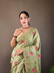 Green Tussar Silk Saree with Embroidery Design